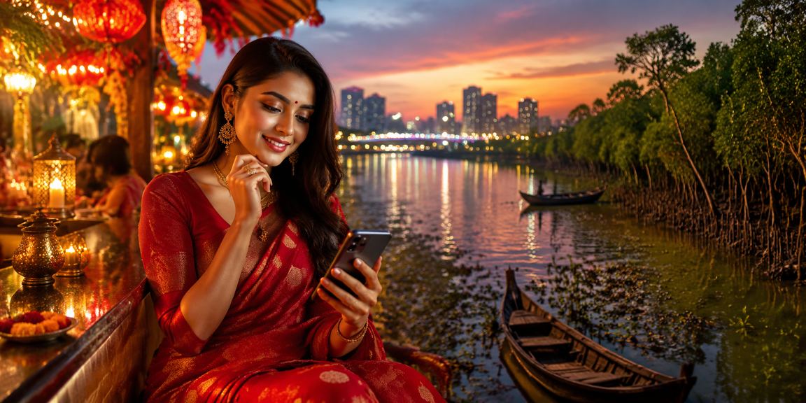 ঢাকায় শাড়ি পরা একজন তরুণী মোবাইলে খেলাধুলার বাজি ও লটারি উপভোগ করছেন