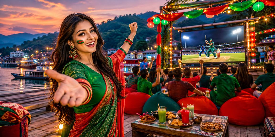 রাঙামাটির একজন তরুণ লাল-সবুজ পোশাকে মোবাইলে ক্রিকেট হাই রোলার বেটিং করছেন